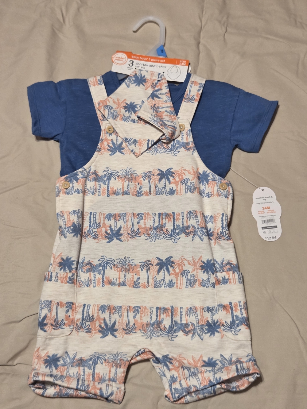 Baby Boys Tropical Palm Shortall Set - Blue & Peach 24 Months